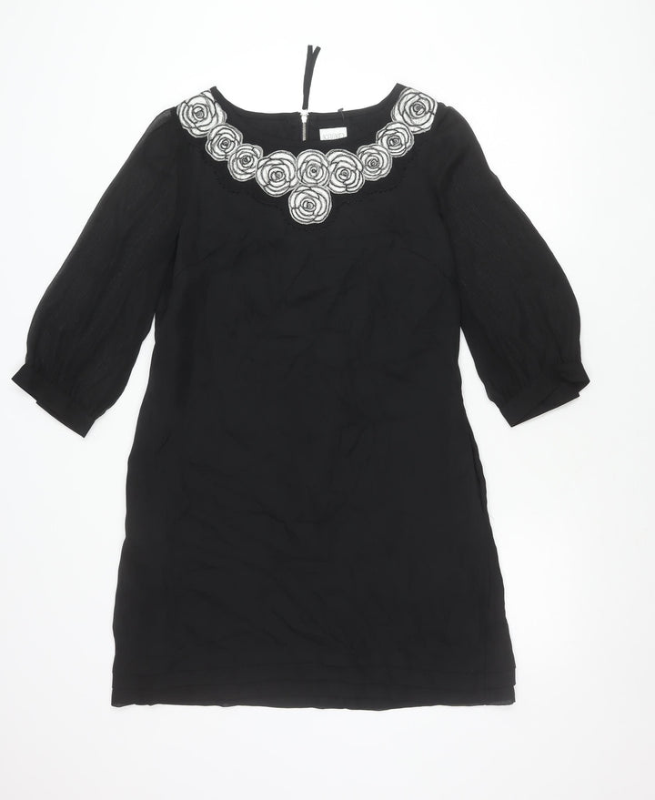 Kaliko Womens Black Shift Dress Size 12 Knee Length Embroidered Chiffon