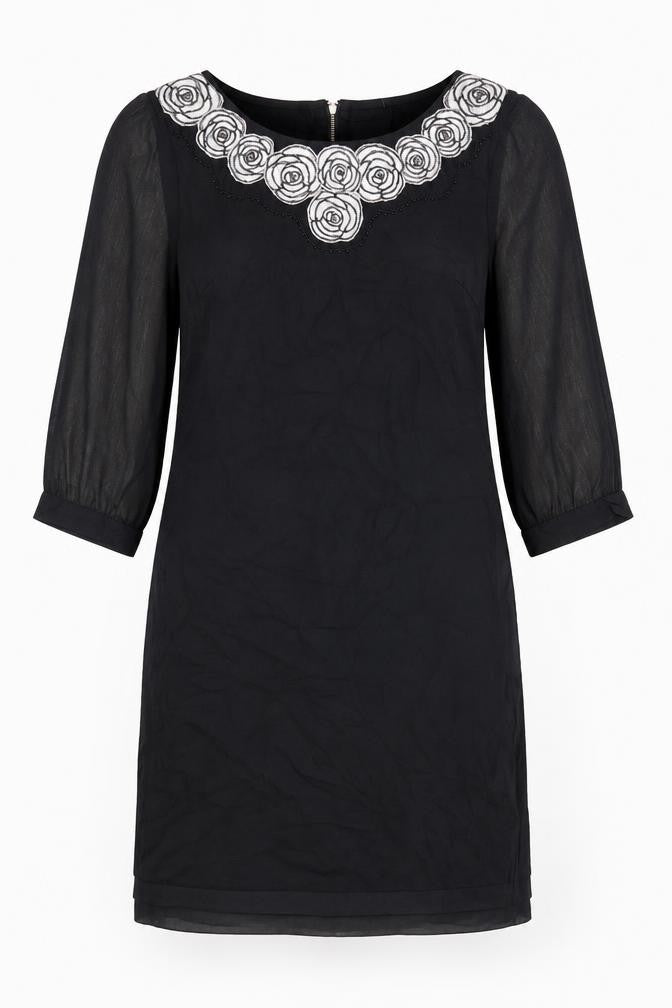 Kaliko Womens Black Shift Dress Size 12 Knee Length Embroidered Chiffon