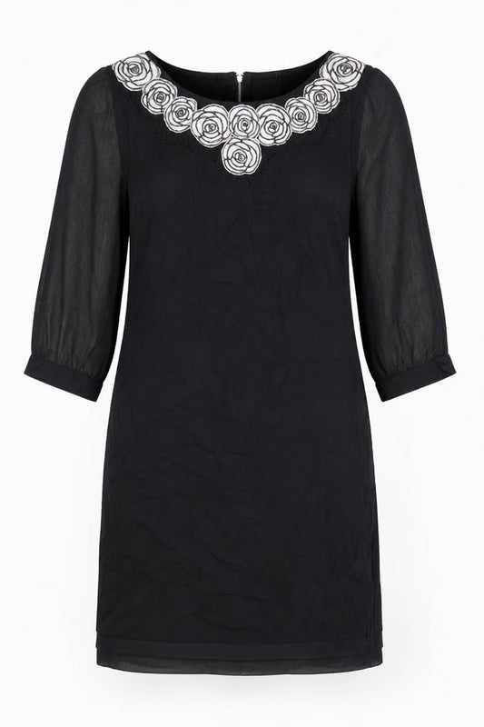 Front view of Kaliko women’s black shift dress, size UK 12, knee length embroidered chiffon