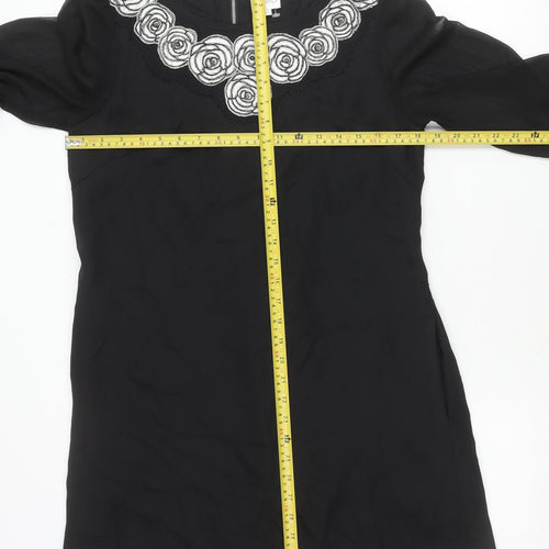 Kaliko Womens Black Shift Dress Size 12 Knee Length Embroidered Chiffon