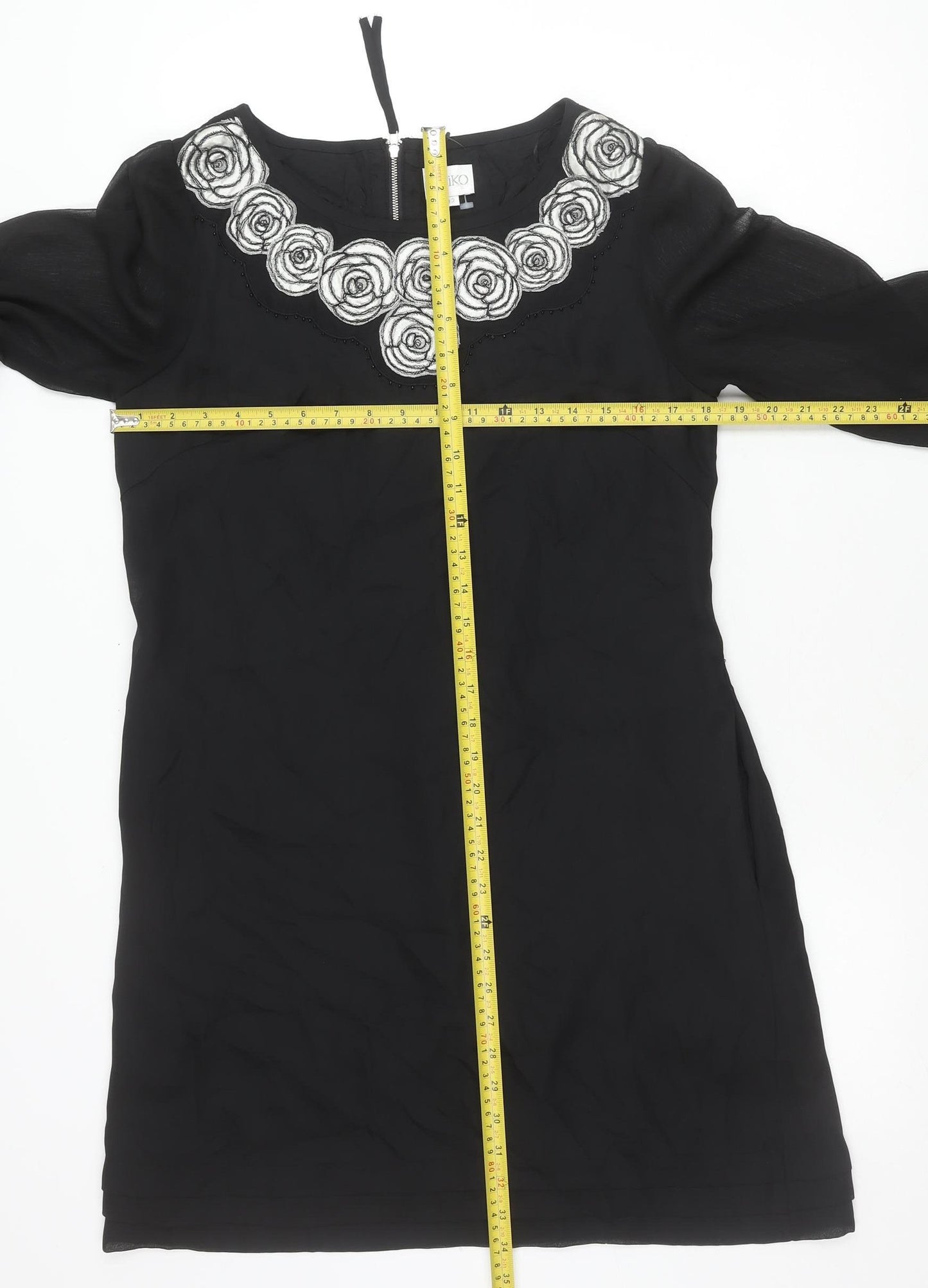 Kaliko Womens Black Shift Dress Size 12 Knee Length Embroidered Chiffon