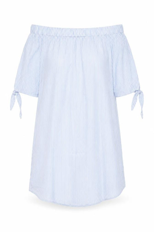 Front view of New Look Women’s Blue Striped Off Shoulder Shirt Dress, size L