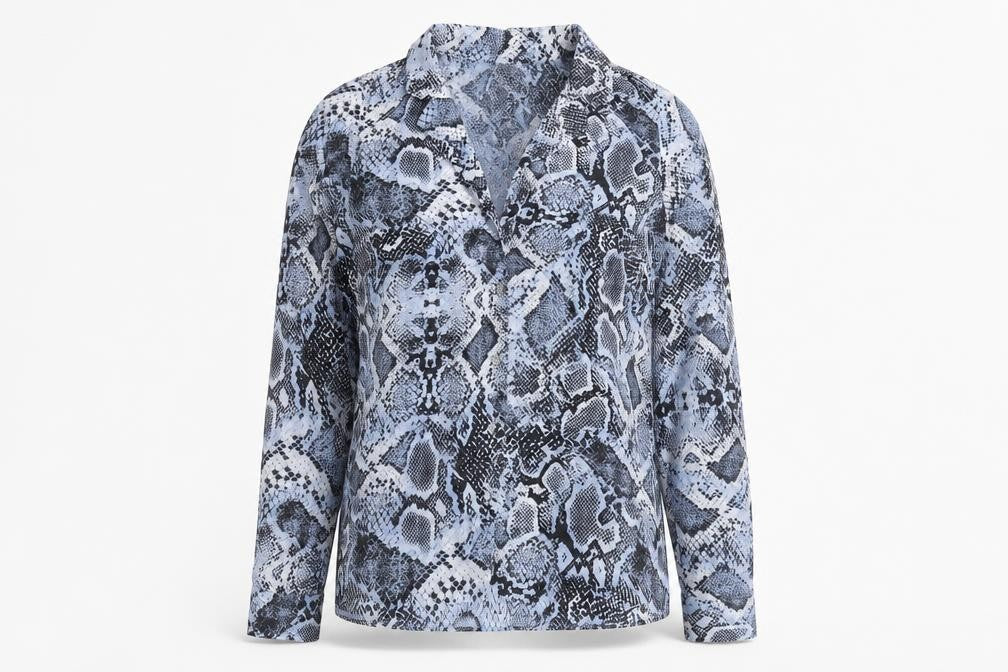 Front view of Wallis Women's Petite Blue Snake Print Chiffon Blouse UK 8