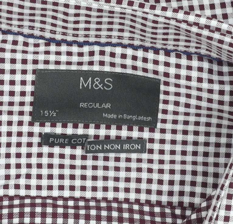 Marks and Spencer Men's Red Check 15.5in Regular Fit Long Sleeve Shirt