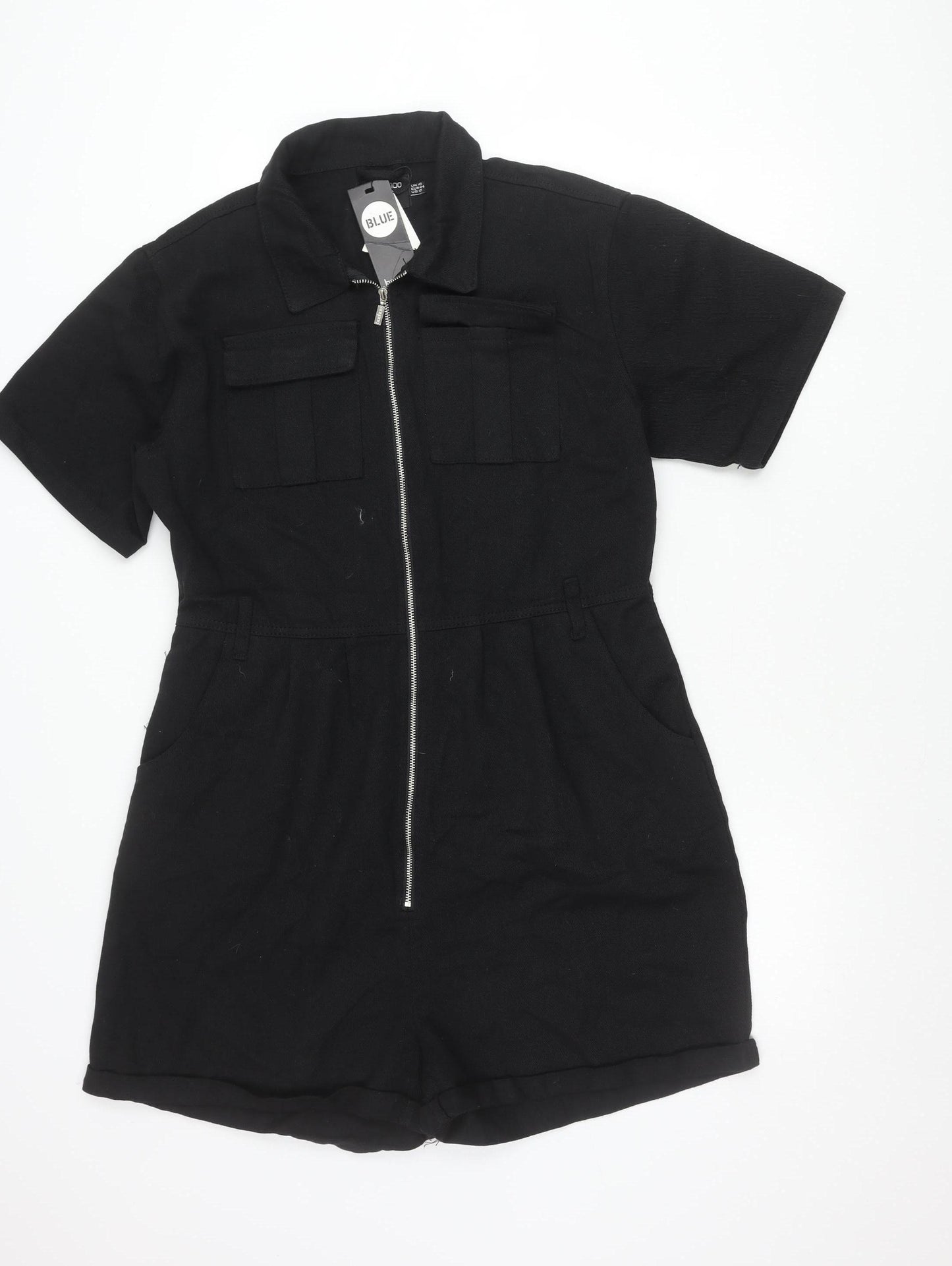 BLUE Womens Black Cotton Zip Collared Short Sleeve Playsuit Size 16