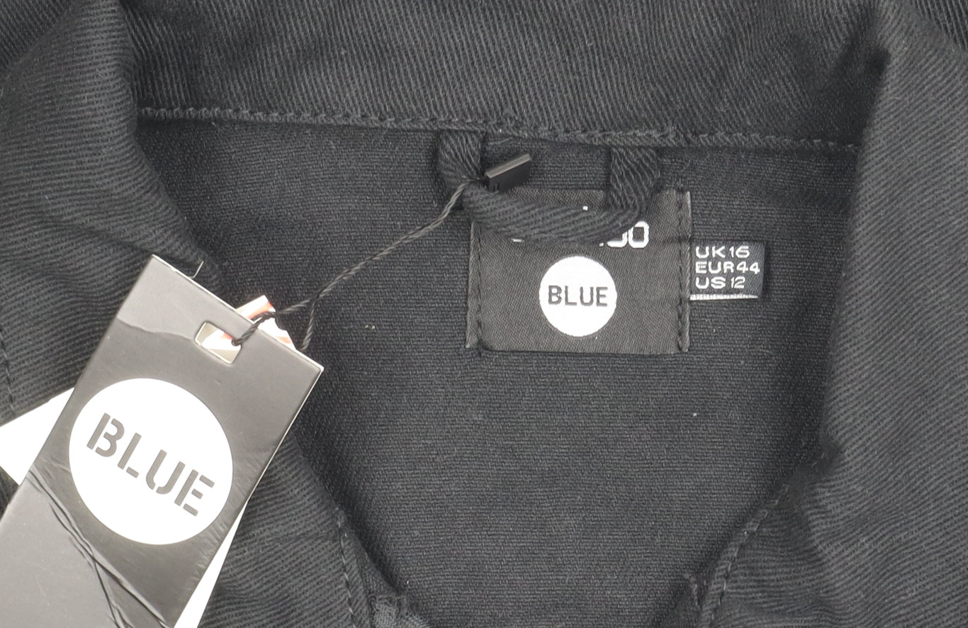 BLUE Womens Black Cotton Zip Collared Short Sleeve Playsuit Size 16