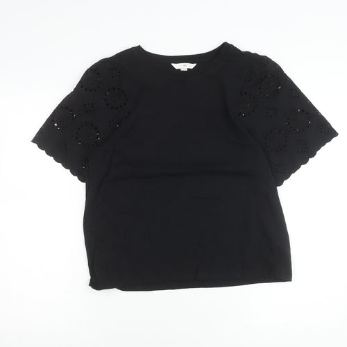H&M Women's Black Cotton T-Shirt Size 12 Short Sleeve Embroidered
