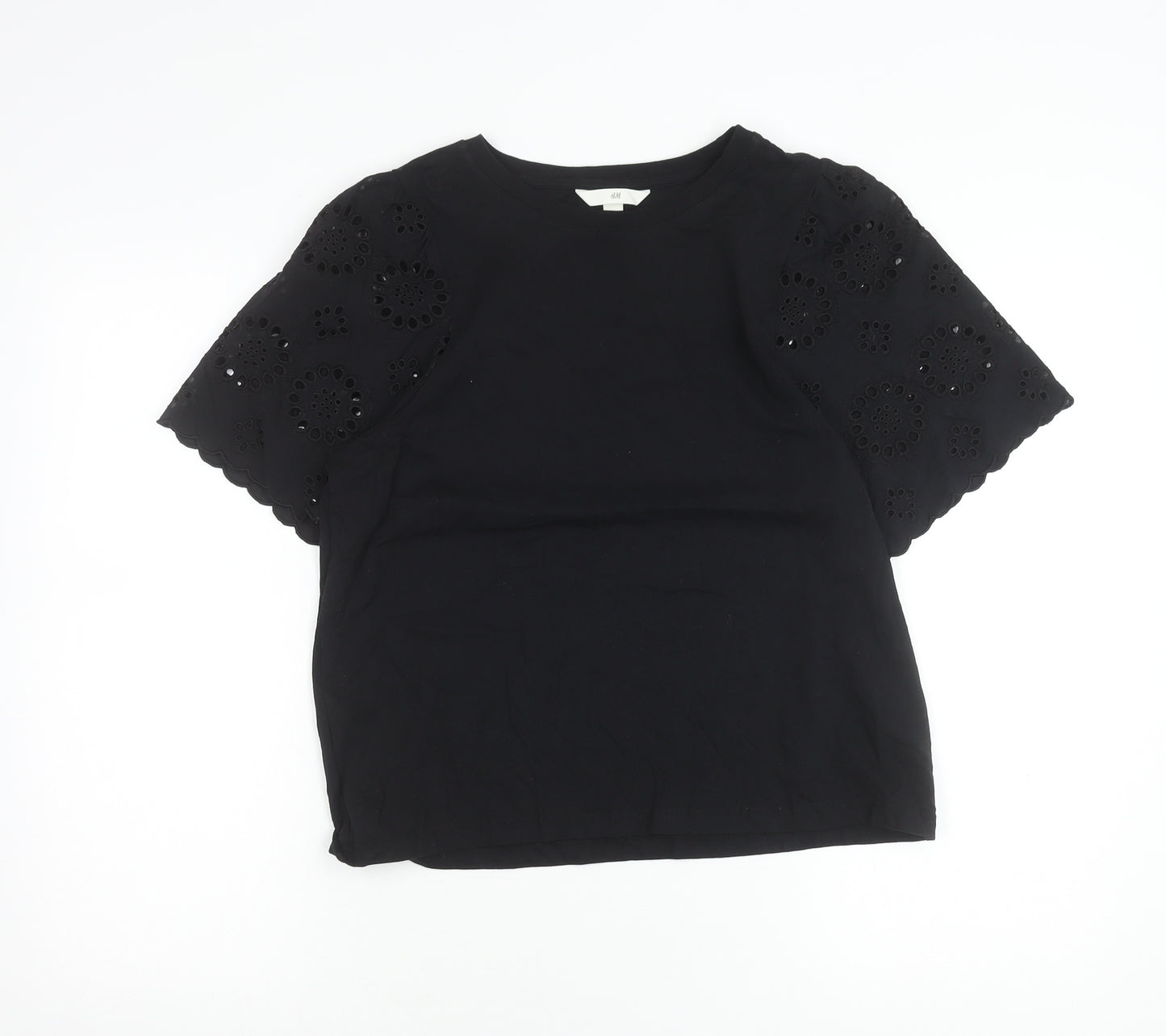H&M Women's Black Cotton T-Shirt Size 12 Short Sleeve Embroidered