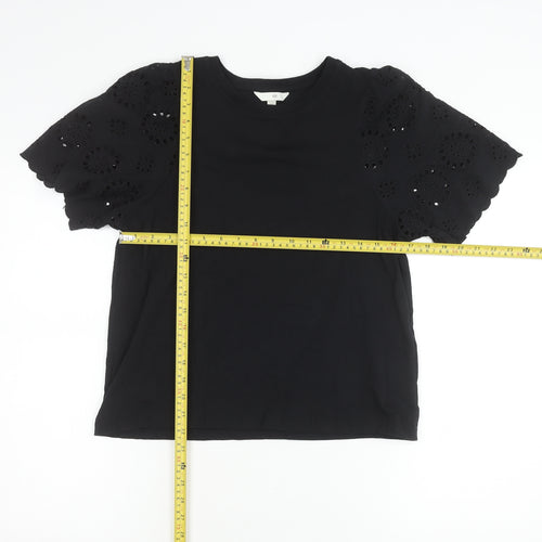 H&M Women's Black Cotton T-Shirt Size 12 Short Sleeve Embroidered