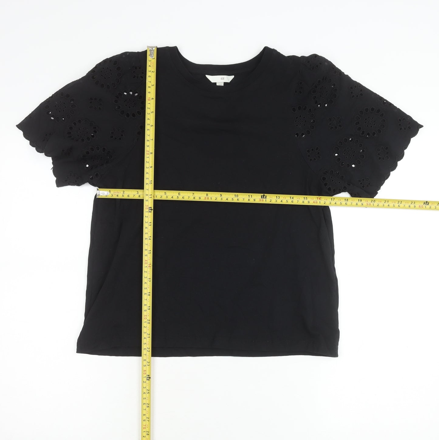 H&M Women's Black Cotton T-Shirt Size 12 Short Sleeve Embroidered