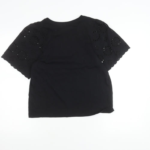 H&M Women's Black Cotton T-Shirt Size 12 Short Sleeve Embroidered