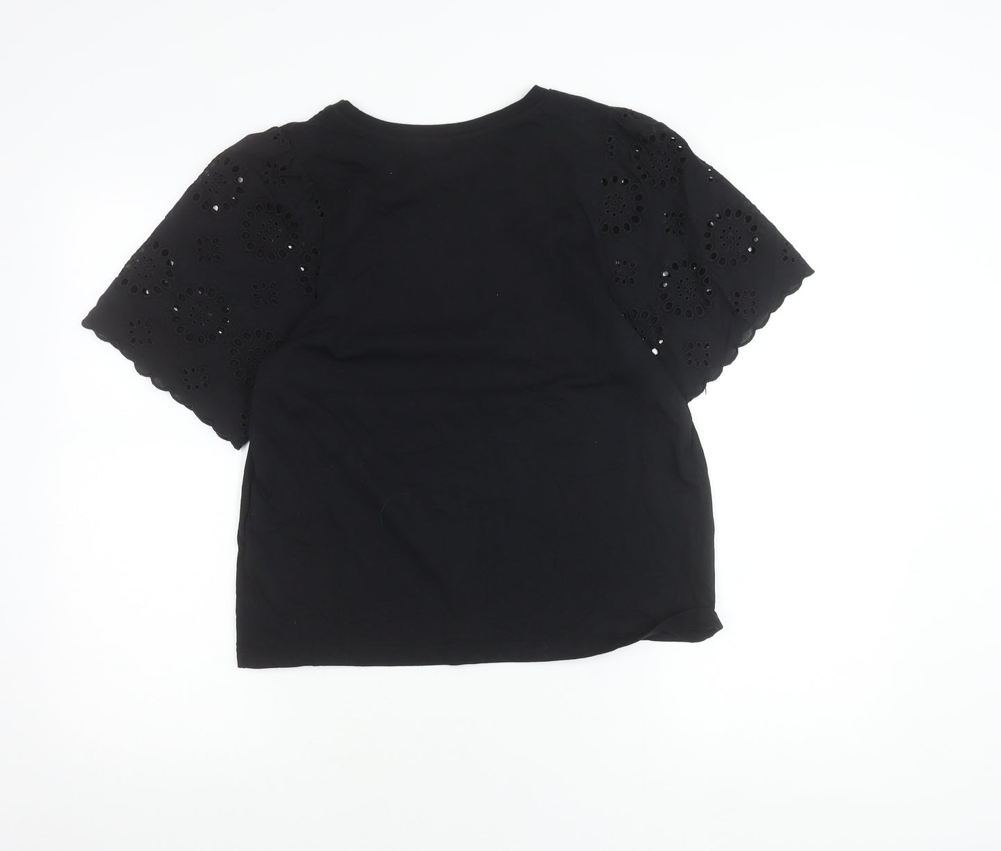 H&M Women's Black Cotton T-Shirt Size 12 Short Sleeve Embroidered