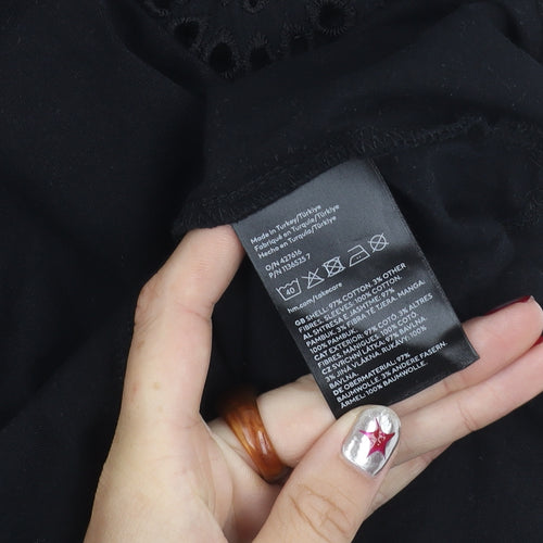 H&M Women's Black Cotton T-Shirt Size 12 Short Sleeve Embroidered