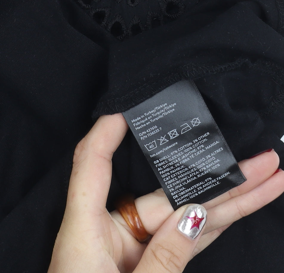 H&M Women's Black Cotton T-Shirt Size 12 Short Sleeve Embroidered