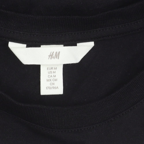 H&M Women's Black Cotton T-Shirt Size 12 Short Sleeve Embroidered