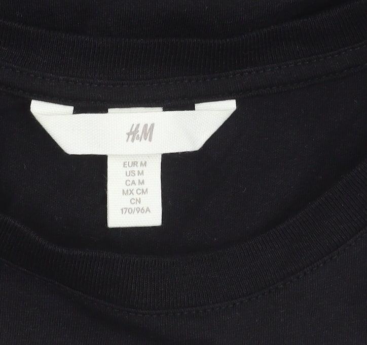 H&M Women's Black Cotton T-Shirt Size 12 Short Sleeve Embroidered