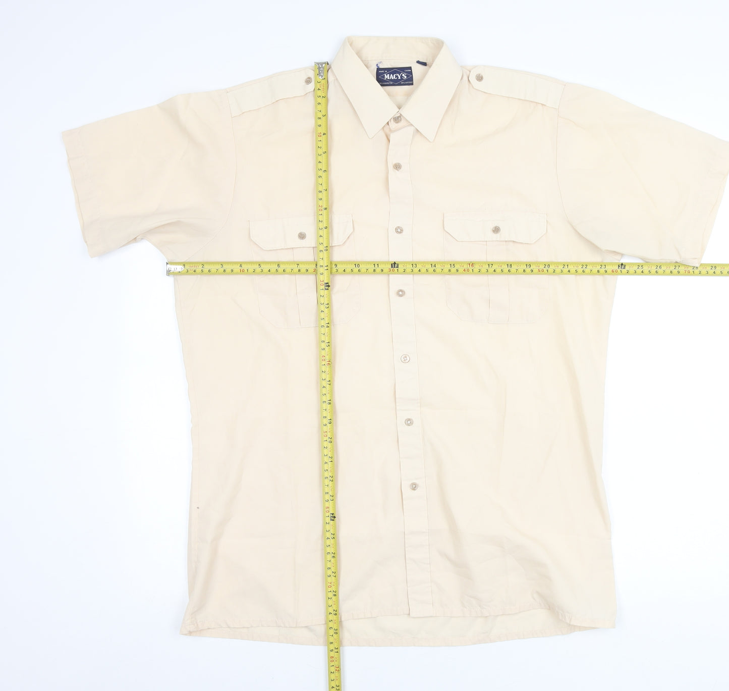 Macy's Men's Beige Short Sleeve Woven Button-Up Shirt M 40in Chest