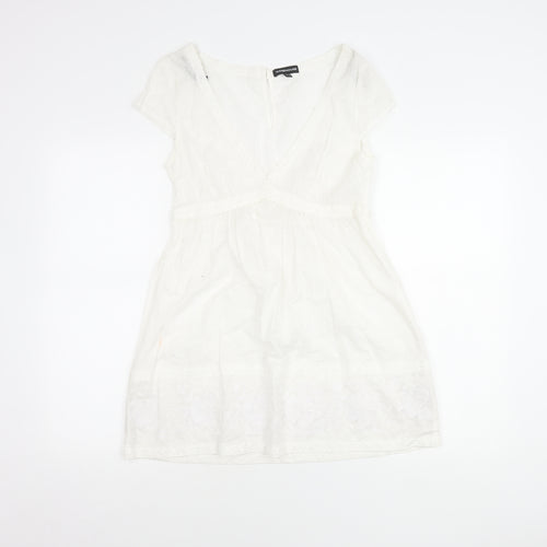 Warehouse Women’s White Cotton Lace Tunic UK 10 V-Neck Cap Sleeve