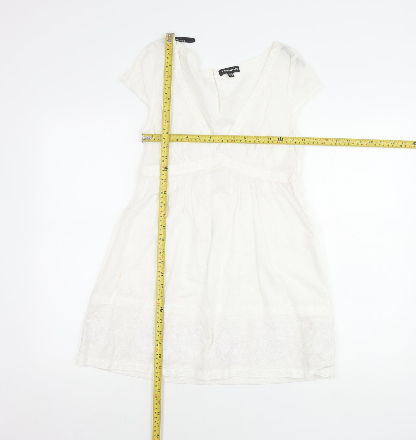 Warehouse Women’s White Cotton Lace Tunic UK 10 V-Neck Cap Sleeve