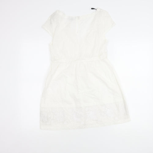 Warehouse Women’s White Cotton Lace Tunic UK 10 V-Neck Cap Sleeve
