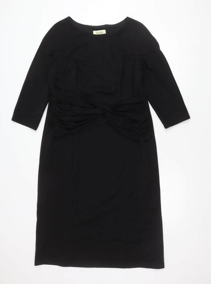 Viyella Women’s Black Knee Length Sheath Dress L 3/4 Sleeve Ruched
