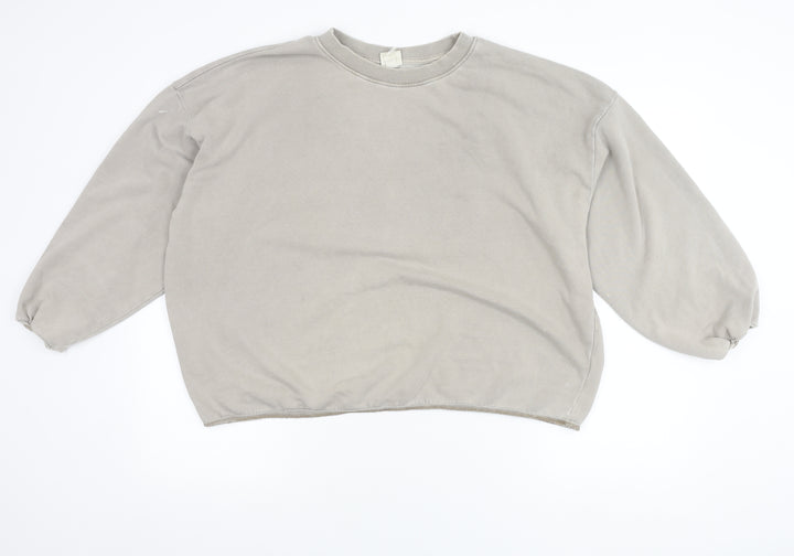 H&M Women Beige M Pullover Jumper Crew Neck Puff Sleeve
