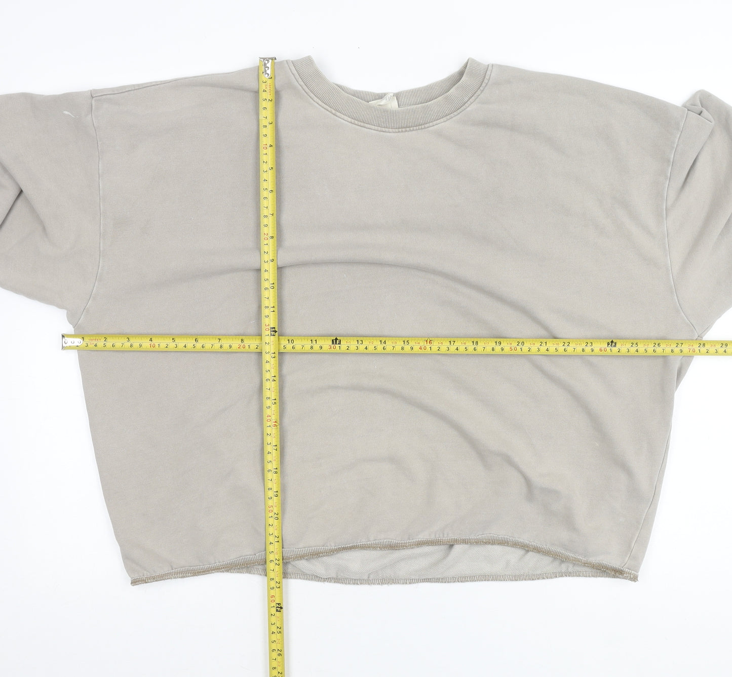 H&M Women Beige M Pullover Jumper Crew Neck Puff Sleeve