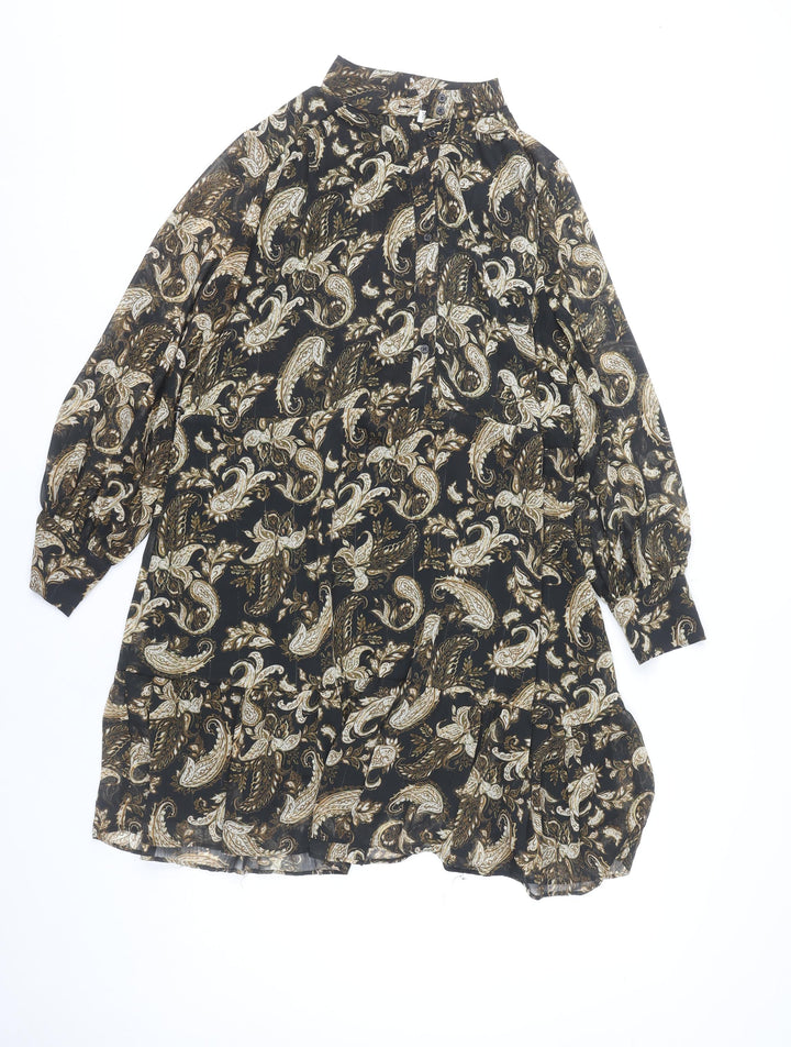 Mango Women's Black Paisley Shift Dress Size 8 Long Sleeve Chiffon