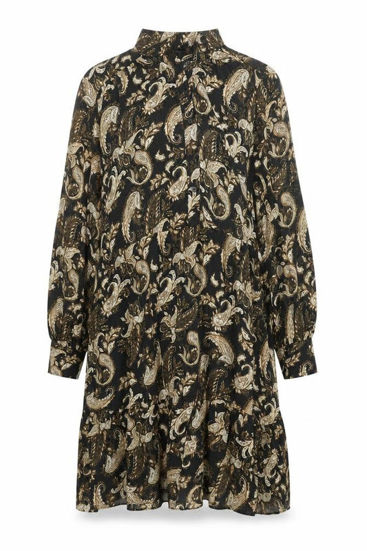 Front view of Mango Women's Black Paisley Shift Dress, size 8, Long Sleeve Chiffon