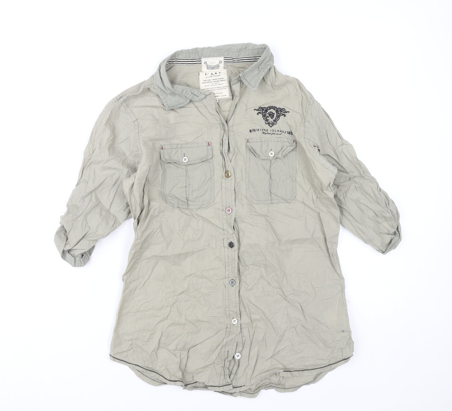 River Island Women’s Grey Cotton Button-Up Shirt Size 10 Casual