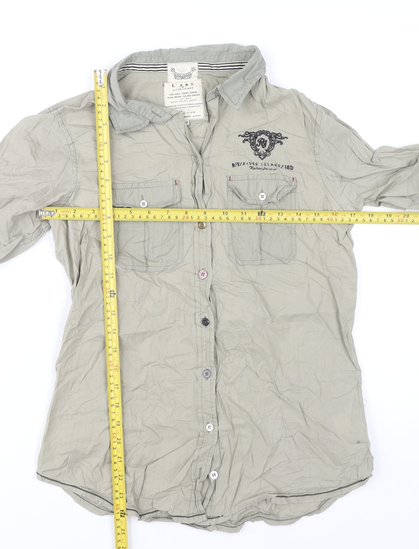 River Island Women’s Grey Cotton Button-Up Shirt Size 10 Casual