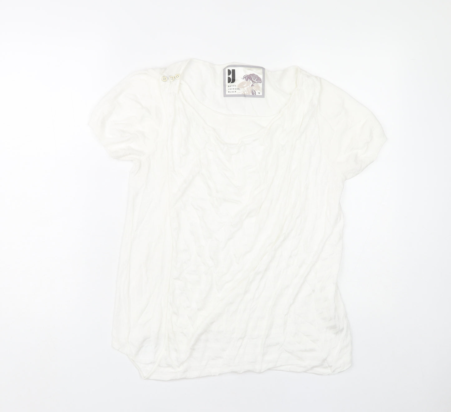 Betty Jackson Black Women’s White Blouse Size 14 Puff Sleeve Scoop Neck
