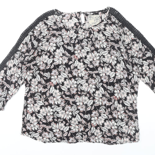 M&Co Women’s Black Floral Crochet Trim Tunic Blouse Size 14