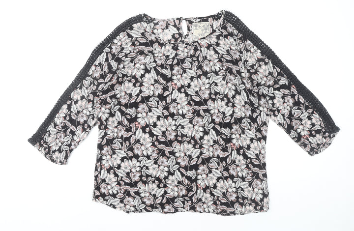 M&Co Women’s Black Floral Crochet Trim Tunic Blouse Size 14