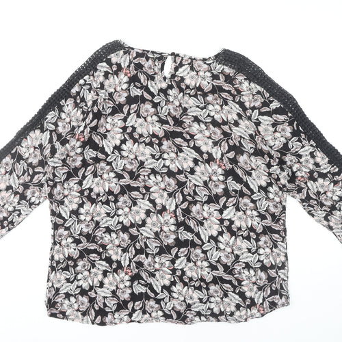 M&Co Women’s Black Floral Crochet Trim Tunic Blouse Size 14