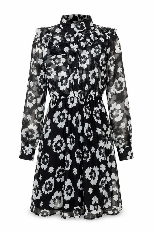 Front view of Myleene Klass Women’s Black Floral A-Line Dress, size UK 12