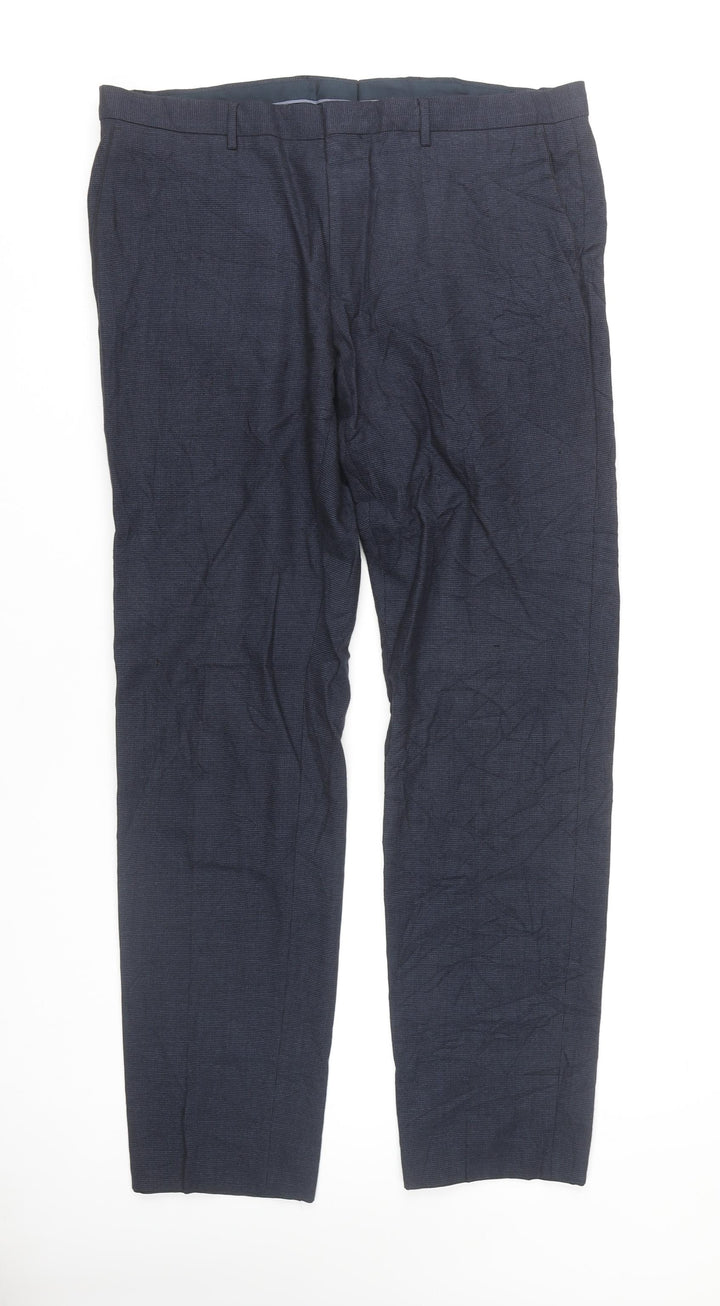 Hugo Boss Men's Blue Check Wool Blend Dress Trousers L 36W 32L