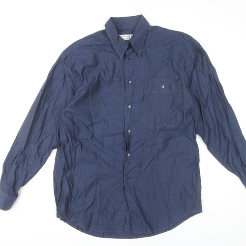 Jaeger Men Blue Cotton Long Sleeve Button-Up Shirt M 42in