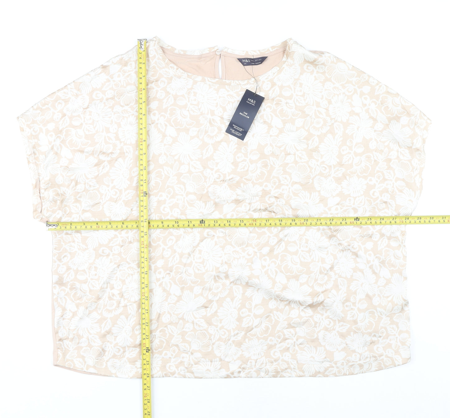 Marks and Spencer Women Beige Floral Blouse Size 24 Plus Short Sleeve