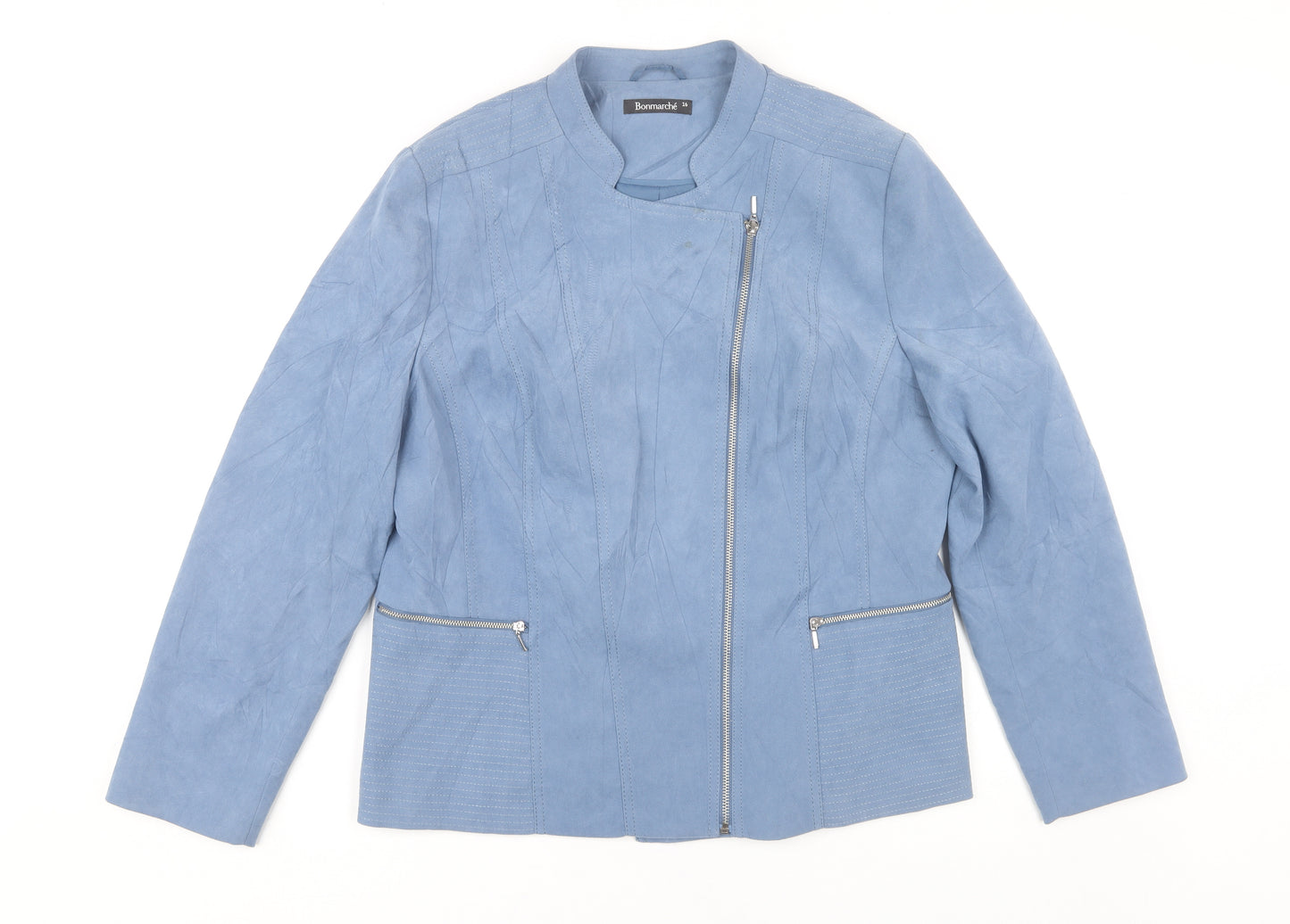 Bonmarché Women’s Blue Biker Jacket Size 16 Mid-Length Lined Zip