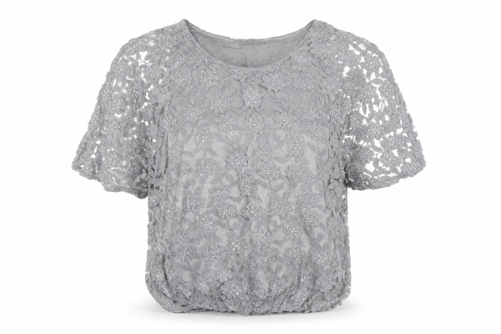 Angela Moda Women’s Grey Floral Lace Tunic Blouse L