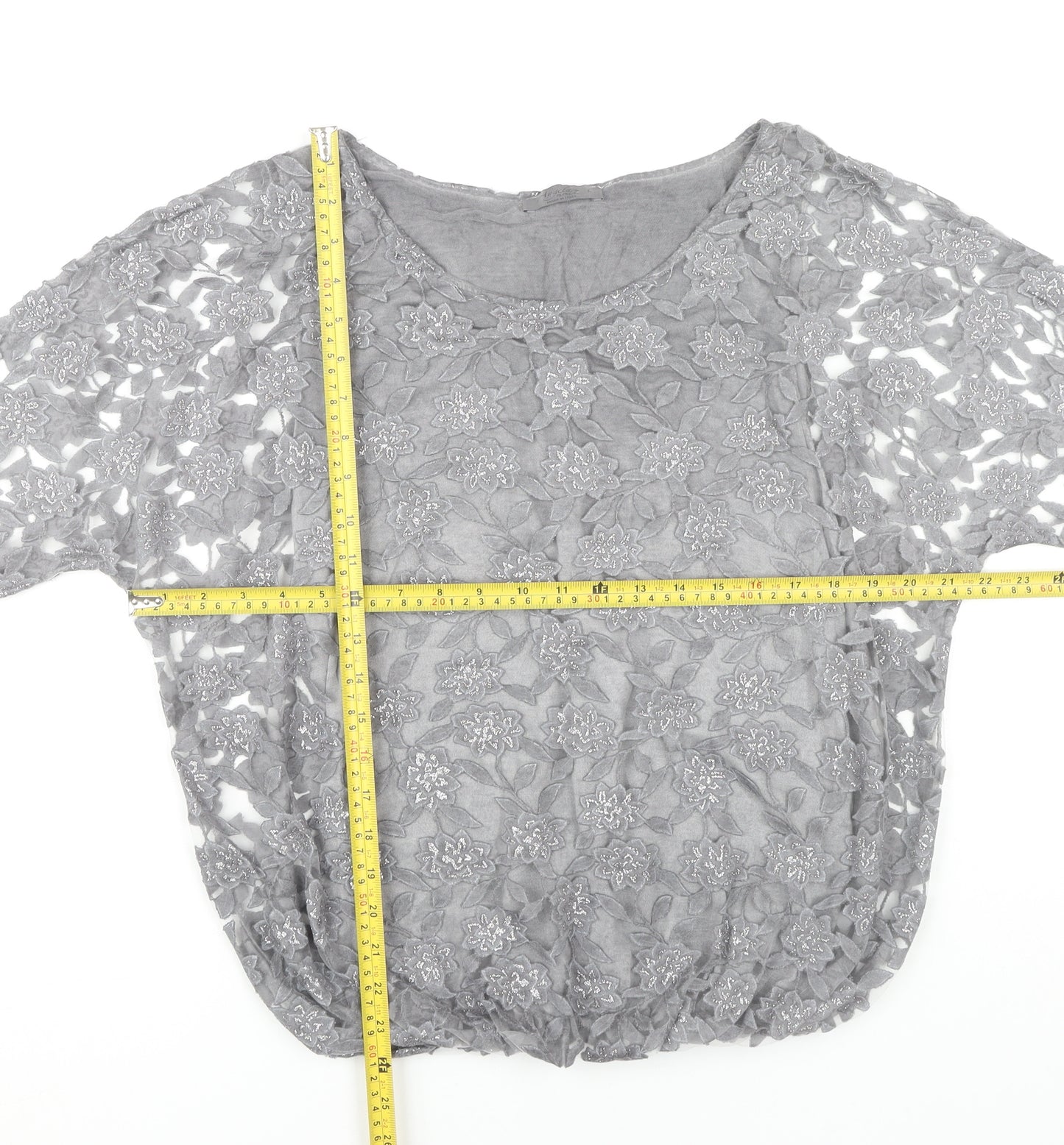 Angela Moda Women’s Grey Floral Lace Tunic Blouse L
