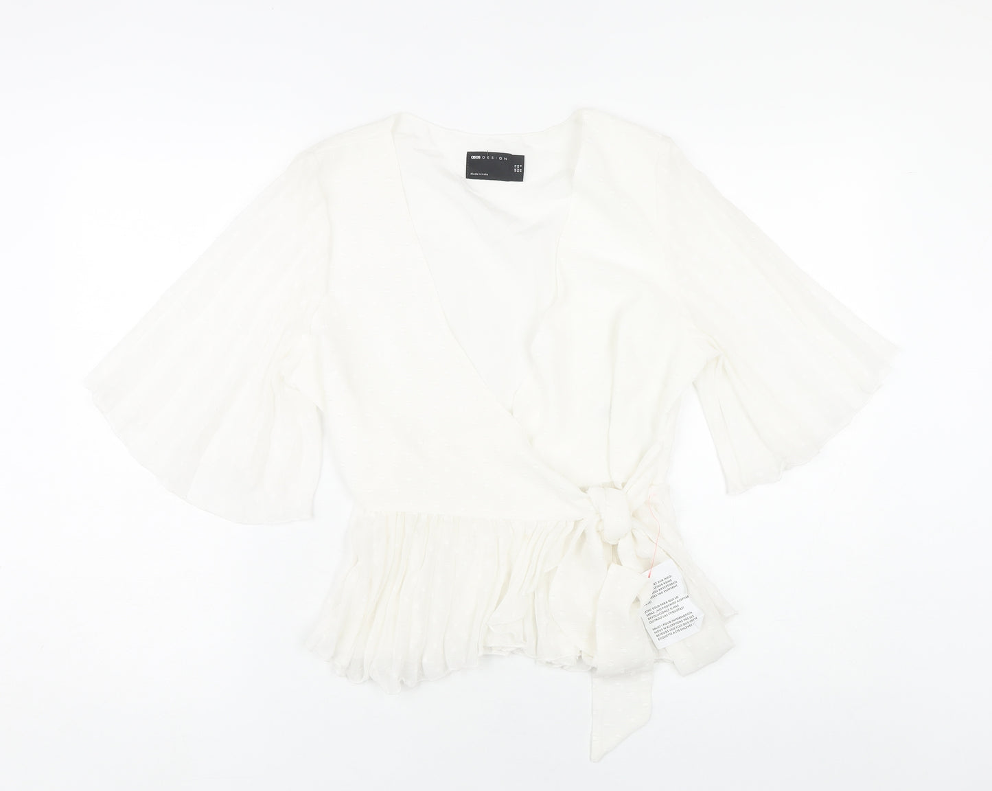 ASOS Design Women White Wrap Blouse Size 12 Flared Sleeve Summer Top