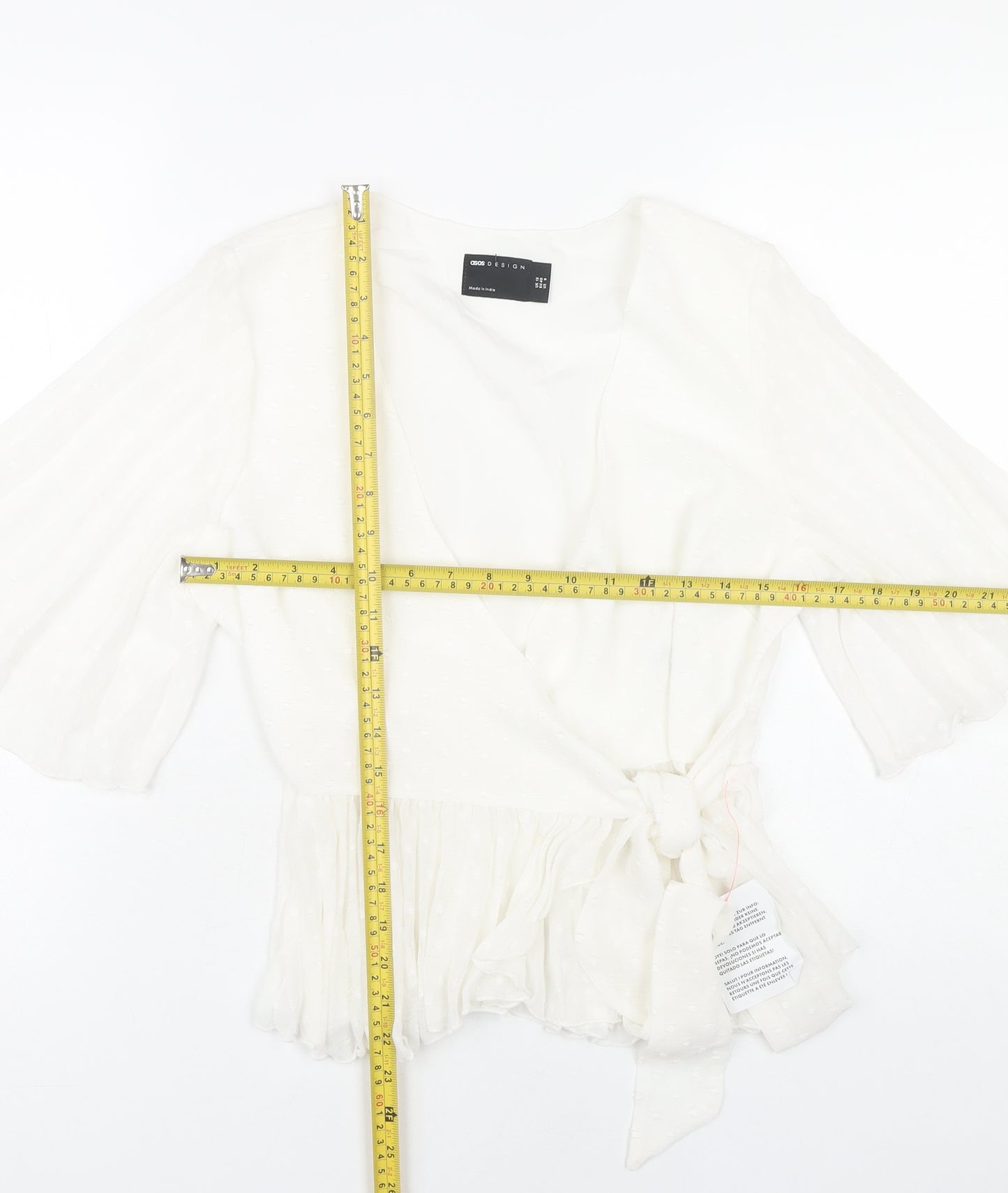 ASOS Design Women White Wrap Blouse Size 12 Flared Sleeve Summer Top