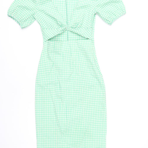Zara Women Green Check Sheath Midi Dress XS Puff Sleeve Cut Out