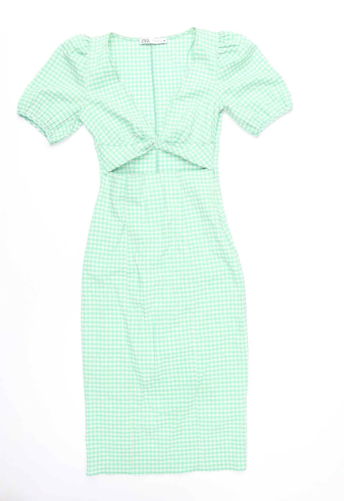 Zara Women Green Check Sheath Midi Dress XS Puff Sleeve Cut Out