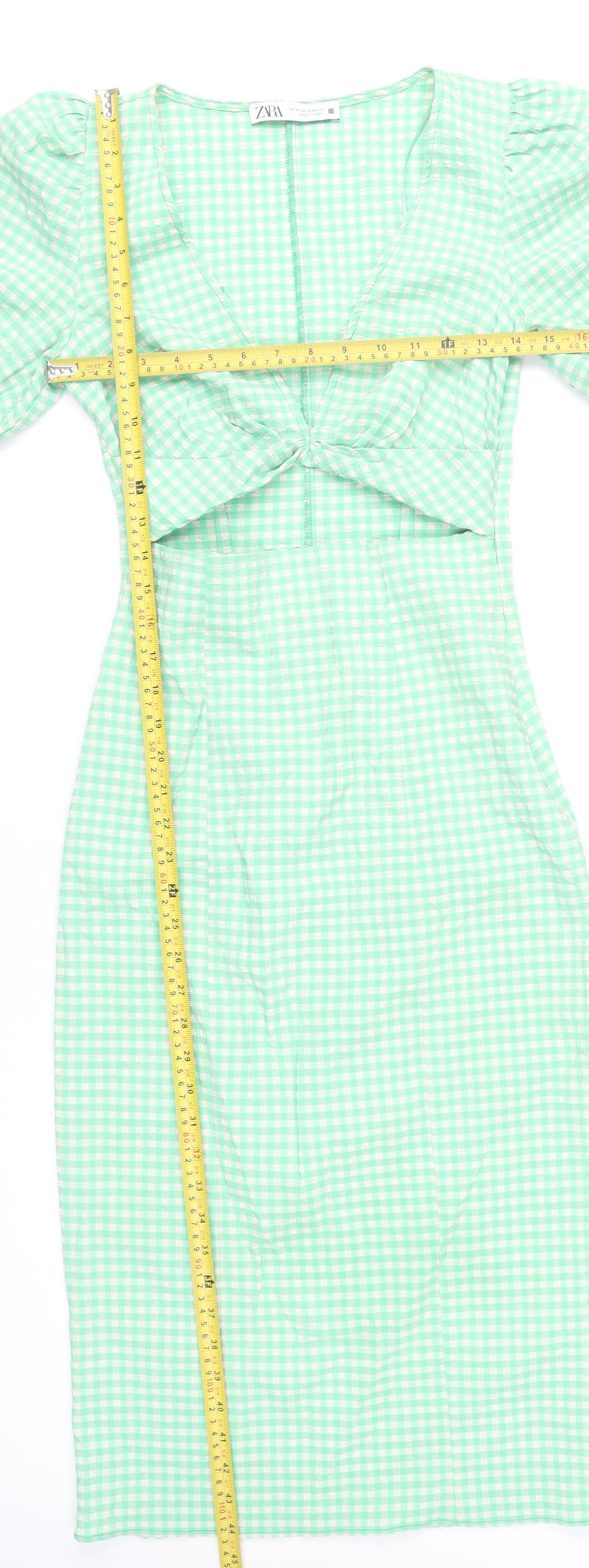 Zara Women Green Check Sheath Midi Dress XS Puff Sleeve Cut Out