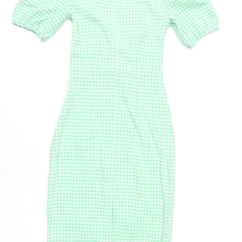 Zara Women Green Check Sheath Midi Dress XS Puff Sleeve Cut Out