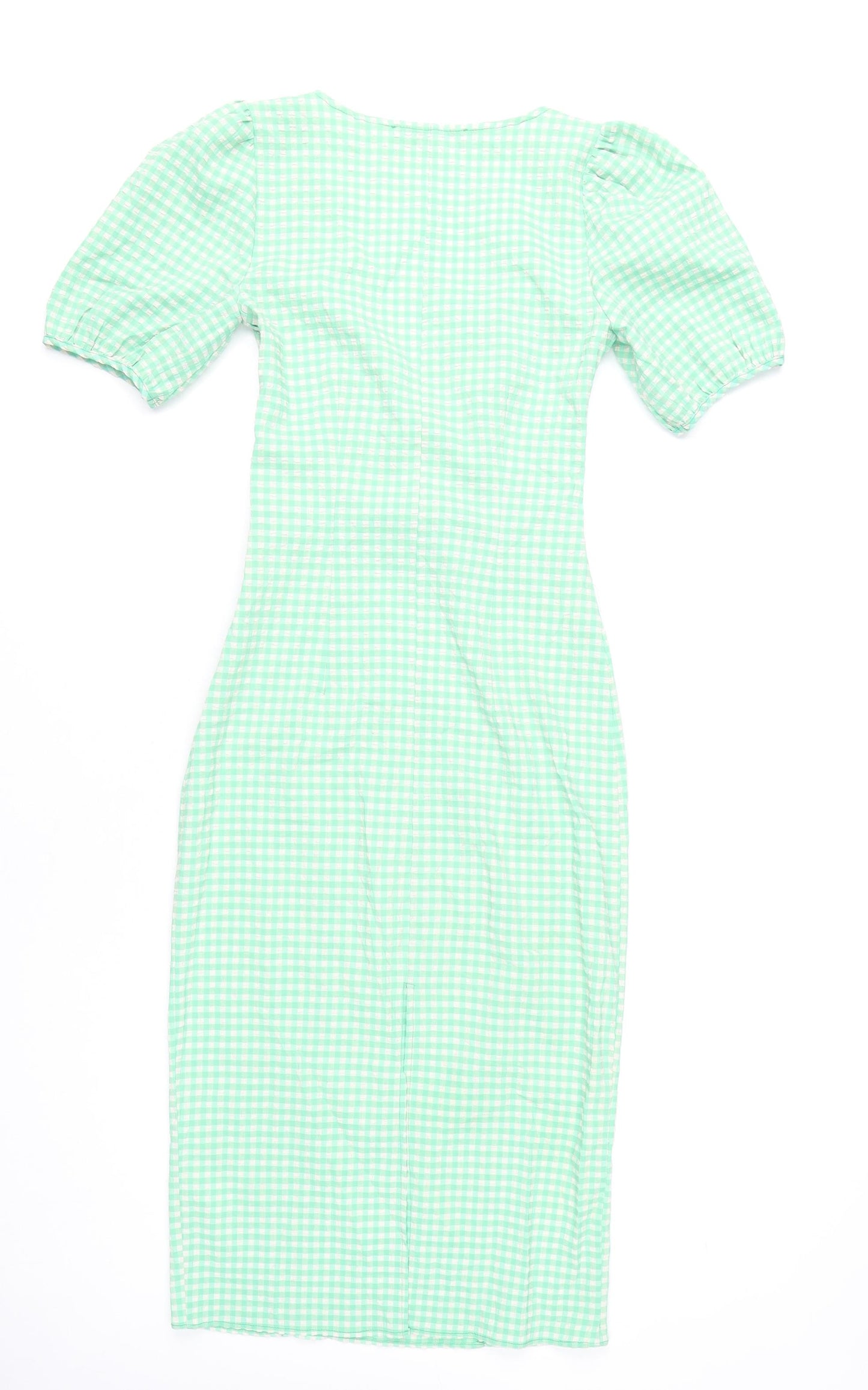 Zara Women Green Check Sheath Midi Dress XS Puff Sleeve Cut Out