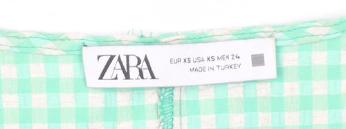 Zara Women Green Check Sheath Midi Dress XS Puff Sleeve Cut Out